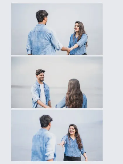 A photo strip-style collage of three images, showing the couple playfully interacting and holding hands on the beach.
