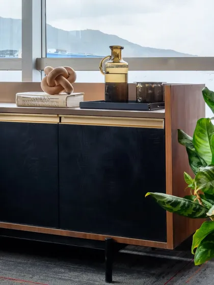 I love designing custom furniture that you can't find anywhere else. This bespoke console was created for an office cabin, combining dark wood, a sleek countertop, and subtle brass accents for a piece that is both beautiful and practical for storage.