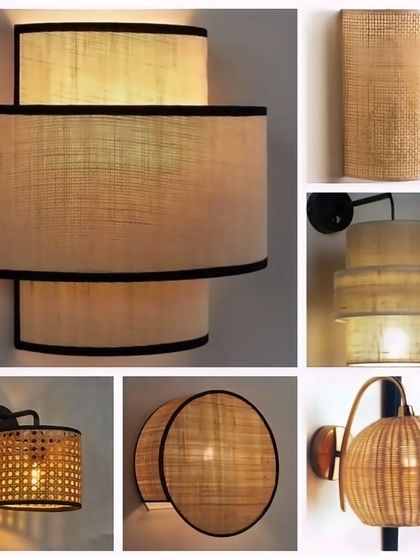 This collage displays the variety of our handcrafted wall lights. It includes designs ranging from modern, fabric-and-cane sconces to rustic, lantern-style bamboo lights, showing options for different interior styles and lighting needs.