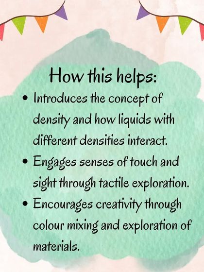 These graphics detail the materials, benefits, and instructions for creating a colorful oil and water sensory bag, introducing concepts like density in a tactile way.