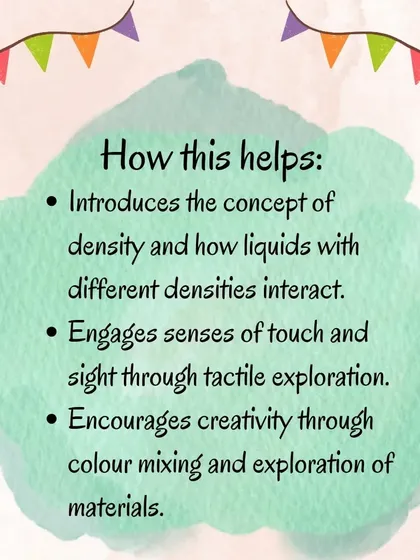 These graphics detail the materials, benefits, and instructions for creating a colorful oil and water sensory bag, introducing concepts like density in a tactile way.