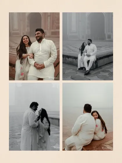 A four-panel collage capturing serene and intimate moments at the Taj Mahal. The misty atmosphere and the couple's white outfits create a dreamy and ethereal quality.