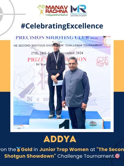 Our junior shooter Addya on the podium after winning Gold in Junior Trap Women at 'The Second Shotgun Showdown' Challenge Tournament, showcasing the next generation of champions.