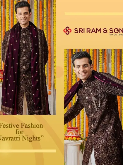 Ready to dazzle this Navratri? This Indo-Western sherwani in a deep wine color with intricate embroidery adds elegance and tradition to your festive look, helping you stand out with grace.