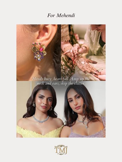 For the Mehendi ceremony, your hands are busy, so the focus is on the neck and ears. Statement earrings and simple chokers allow you to celebrate without clutter.
