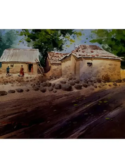 A watercolour landscape of a rustic village scene, exhibited at the Ravi Paranjape Foundation. I love painting the textures of mud houses and the surrounding nature.