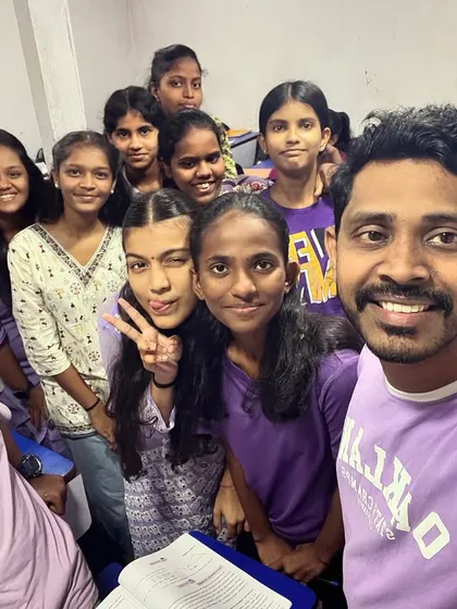 Kicking off our Navratri 2024 celebrations with Day 9, Purple. A selfie with students celebrating the theme of power and passion.