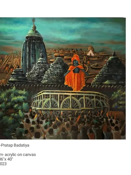 Titled 'I,' this 36 by 40-inch acrylic painting depicts a deity-like figure overlooking a vast crowd and temple complex. The work delves into themes of faith, collective consciousness, and the individual's place within a grand spiritual tradition.