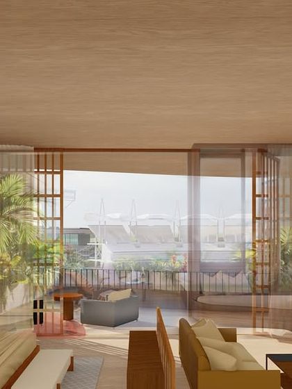 A concept for a hotel room where the boundary between the interior and the balcony is blurred by sliding glass doors. The design prioritizes the view and access to outdoor space, making the room feel like a private, shaded terrace.