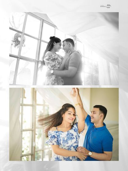 A dynamic collage showing the couple dancing and sharing an intimate moment by a window. The mix of color and black and white adds artistic variety.