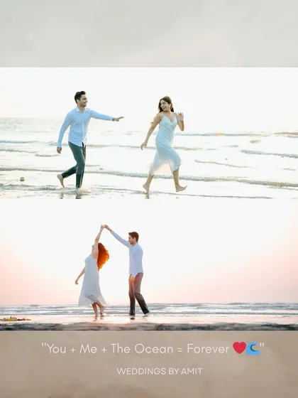 "You + Me + The Ocean = Forever". This image pair shows both a playful chase and a romantic dance, capturing the fun and love of a beach pre-wedding session.