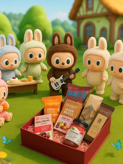 A whole team of Labubus having a picnic with one of my gift hampers. This AI-generated image brings a touch of whimsy and cuteness to the gifting experience.