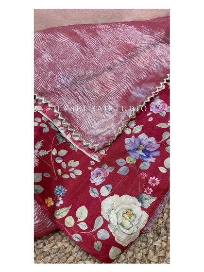 The response to my crushed tissue sarees has been amazing! They are lightweight, easy to drape, and come with a beautiful digital floral print blouse and zari scallop borders.