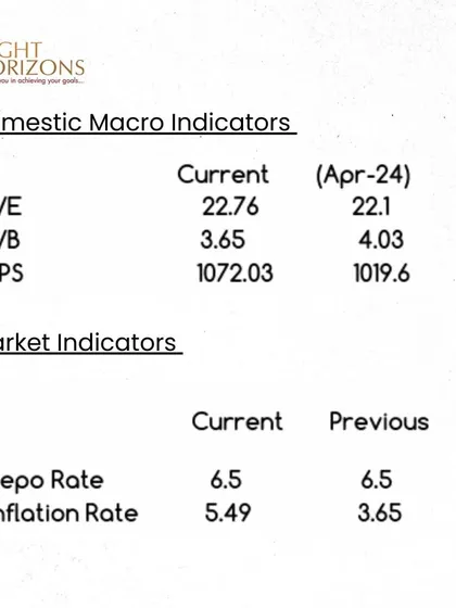 A table of domestic macro and market indicators from our bulletin. It provides current data on P/E, P/B, EPS, Repo Rate, and Inflation Rate, comparing them to previous figures to show recent trends.