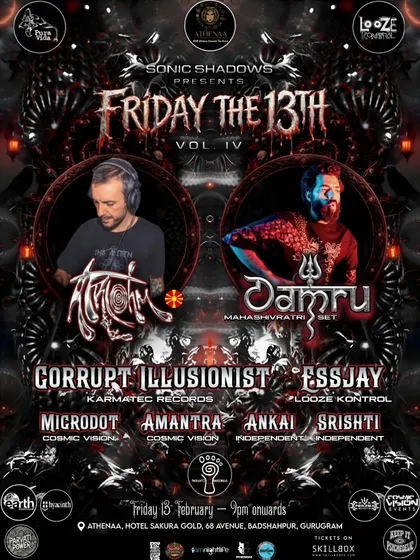A poster for a 'Friday the 13th' themed psytrance night, featuring a dark, intricate design and a heavy lineup including Atriohm and Damru.
