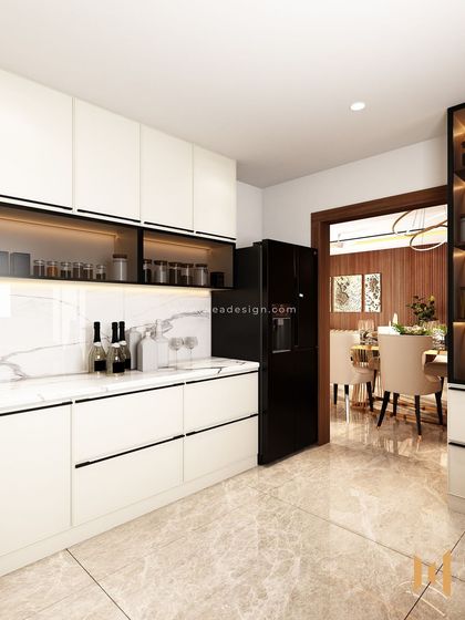 A modern luxury kitchen with PU matt-finished white shutters and a premium quartz stone countertop. Black tinted glass shutters add a touch of flair.