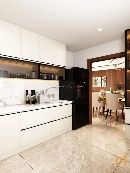 A modern luxury kitchen with PU matt-finished white shutters and a premium quartz stone countertop. Black tinted glass shutters add a touch of flair.