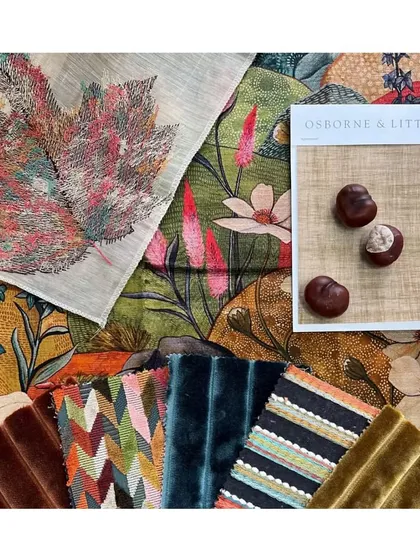 The design process starts with a conversation and a mood board. This collection of fiery stripes, geometric cut velvets, and metallic wallpapers shows how I combine textures and colours to create a cohesive, layered, and deeply personal aesthetic for your project.