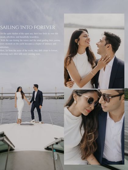 A collage of moments from a luxury yacht photoshoot. It showcases a variety of poses, from candid laughter to romantic gazes, telling the story of them sailing into forever.