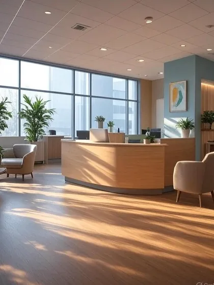 A sunlit open-plan office space with a light wood reception desk and comfortable waiting chairs. The large windows allow natural light to fill the room, creating a bright and positive work environment.