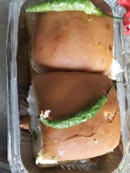 My special Vada Pav, served with a fried green chilli, just like you get in Mumbai.