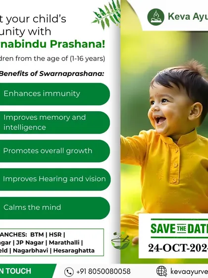 This graphic features a smiling toddler in a bright yellow kurta, symbolizing health and happiness. We outline the five core benefits of Swarnaprashana: enhanced immunity, improved memory, overall growth, better hearing and vision, and a calmer mind.