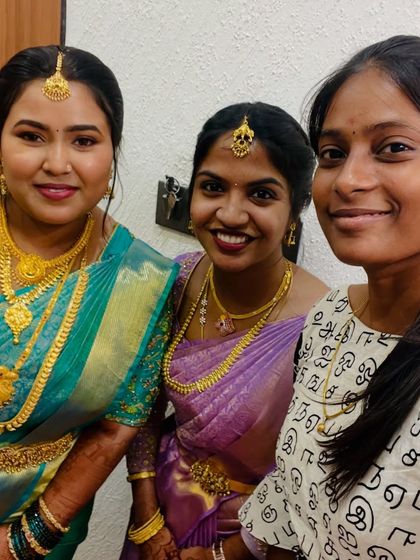 My sweetest clients, Shruti and Suganya. I draped their sarees for a family function, and it's always a joy to work with them and see them looking so beautiful together.