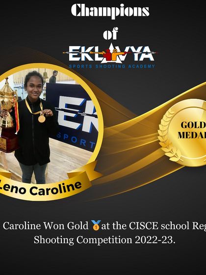 A celebratory graphic for our shooter, Leno Caroline, who won a Gold Medal at the CISCE Regional Shooting Competition. We take pride in the individual achievements of our members.