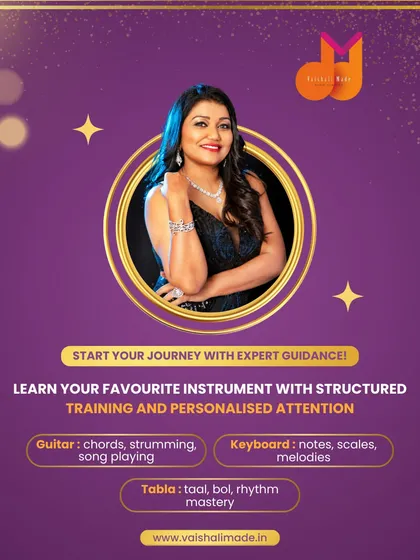 We offer structured, personalized training for a variety of instruments. Whether you want to learn guitar chords and strumming, keyboard melodies and scales, or master the 'taal' and 'bol' of the tabla, our expert mentors are here to guide you.