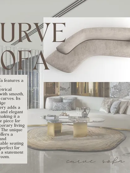 This graphic showcases a modern, asymmetrical sofa with smooth, flowing curves. Its light beige upholstery and unique shape make it a versatile statement piece for contemporary living spaces.