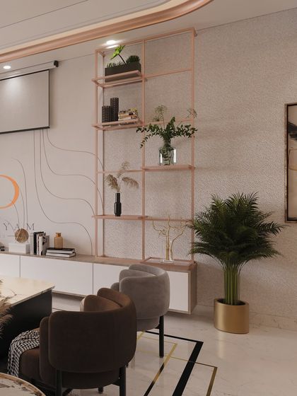 A detail shot of a living area with a sleek floating console and a rose-gold open shelving unit, perfect for curated displays.