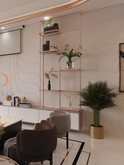 A minimalist metal shelving unit provides a stylish display area without overwhelming the space, set against a subtly textured wall.