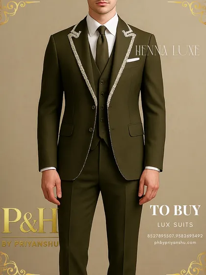 A detailed view of the olive green suit, focusing on the subtle yet impactful lapel embroidery.