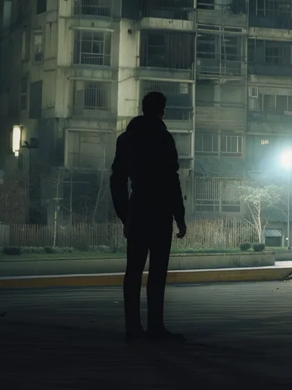 A lone figure stands silhouetted against a brutalist apartment building at night. This image, 'Midnight in Mumbai', aims to create a noir, suspenseful atmosphere within a familiar urban setting.