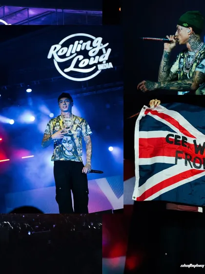 A collage from Central Cee's set, showing him on stage, the Rolling Loud logo, and a shot of him with the British flag.