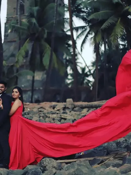 A dramatic pre-wedding shoot by the sea. The bride's bold red flowing gown is the star, so I kept her makeup classic and glamorous to match.