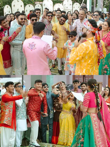 A collage showing both the bride's and groom's sides engaging in a fun dance-off during the Haldi ceremony. I love planning activities that bring the two families together.