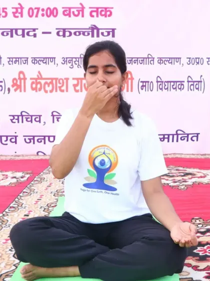 A close-up of me demonstrating Anulom Vilom pranayama during the Yoga Day protocol. Breathwork is a cornerstone of my public sessions for its immediate calming effects.