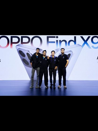Our team posing in front of the Oppo Find X9 branding. We are proud to be part of major technology launches.