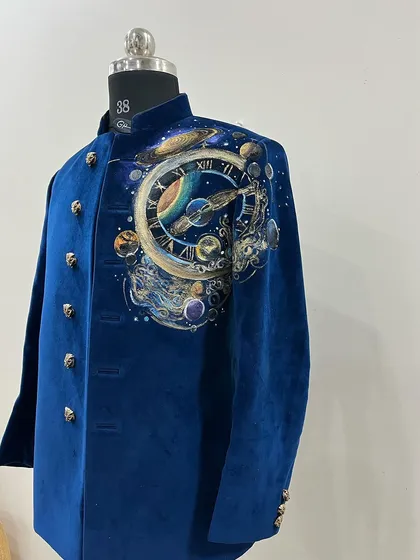 This piece is a universe painted on velvet. For this custom sherwani, I captured the magic of the cosmos, with swirling galaxies and planets around a celestial clock, creating a truly one of a kind garment for a client who wanted to wear the stars.