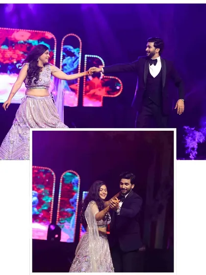 More moments from the couple's sangeet dance, showcasing their chemistry and the beautiful stage lighting.
