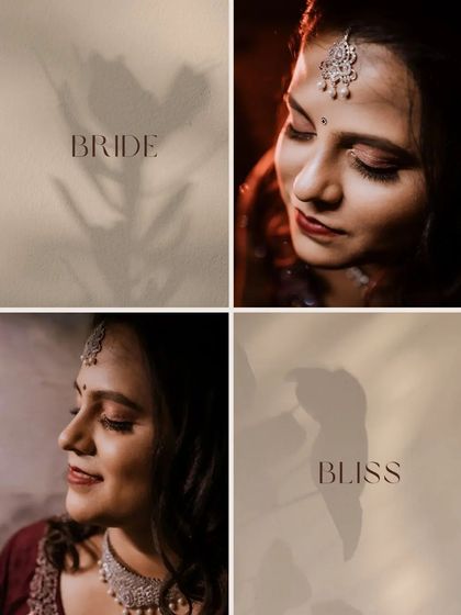 "Bride Bliss." A collage of close-up bridal portraits with artistic shadow play. These shots focus on the bride's serene expression and delicate features.