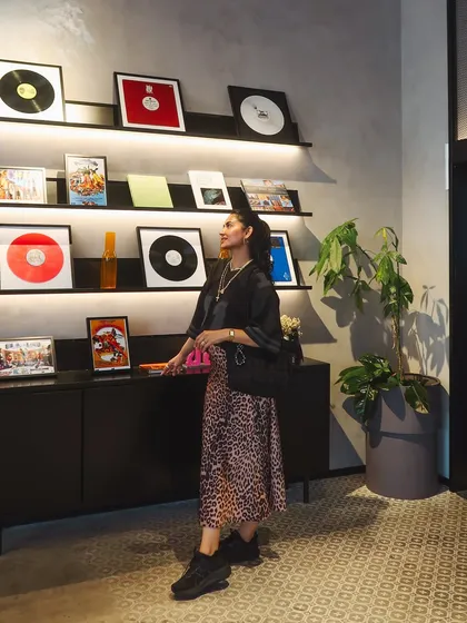Checking out the vinyl record collection at a cool spot. I'm always inspired by all forms of music and music history.