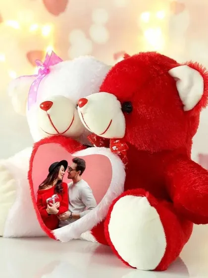 Another view of the customized couple teddy. The soft fur is washable, and the teddy is approximately 12 inches tall.