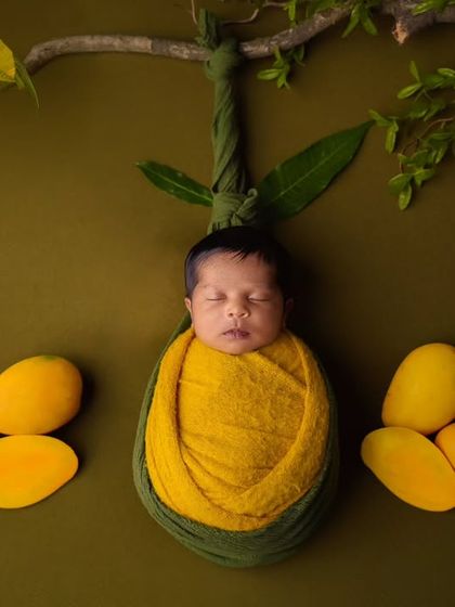 A creative newborn photo where the baby is swaddled to look like a mango hanging from a branch, surrounded by real mangoes.