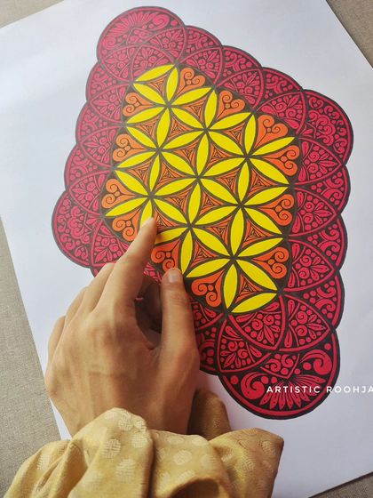 My hand pointing to the center of the mandala, the 'bindu'. The course explains the spiritual significance of the different parts of a mandala as well as the technical drawing skills.
