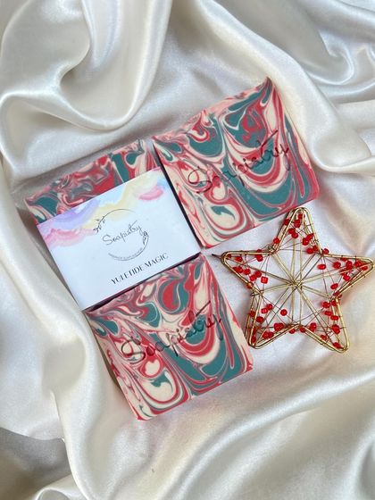 A closer look at the Yule Tree Magic soap, a festive and fragrant bar.