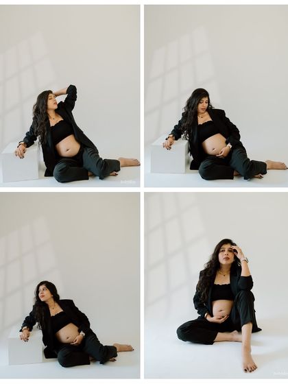 A collage of a mom-to-be looking effortlessly cool and chic in a black blazer. This shows the different artistic and fashion-forward poses we can explore.