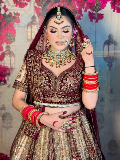 The complete bridal look. The makeup, hair, and outfit all come together to create a picture-perfect moment.