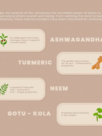 Ayurveda harnesses the incredible power of herbs to restore balance. Adaptogens like Ashwagandha for stress, anti-inflammatory Turmeric, and anti-bacterial Neem are just a few of the natural wonders I use.